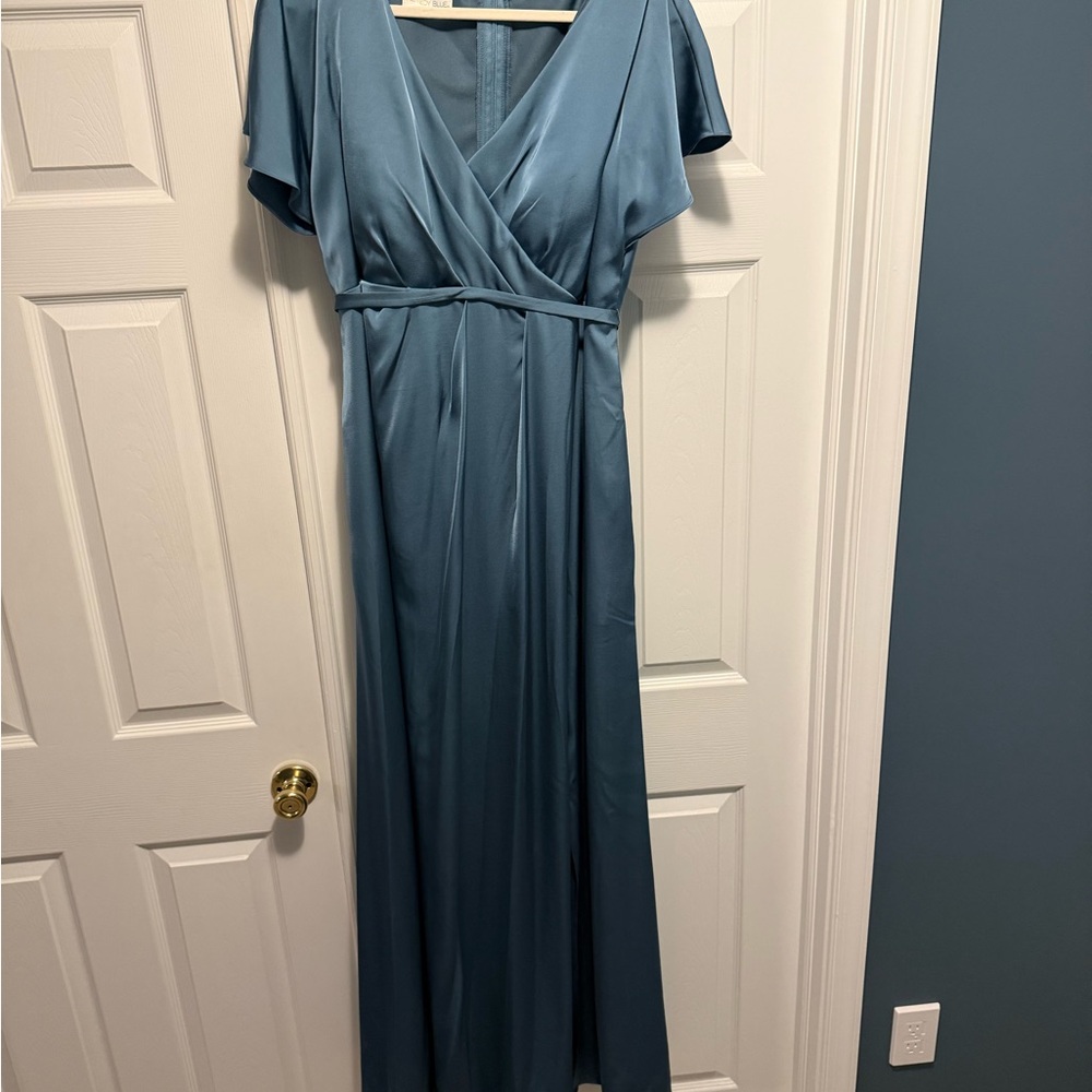 Kennedy Blue Tate Maternity Elegant Dusty Blue Satin Wrap Maxi Dress - Picture 1 of 4